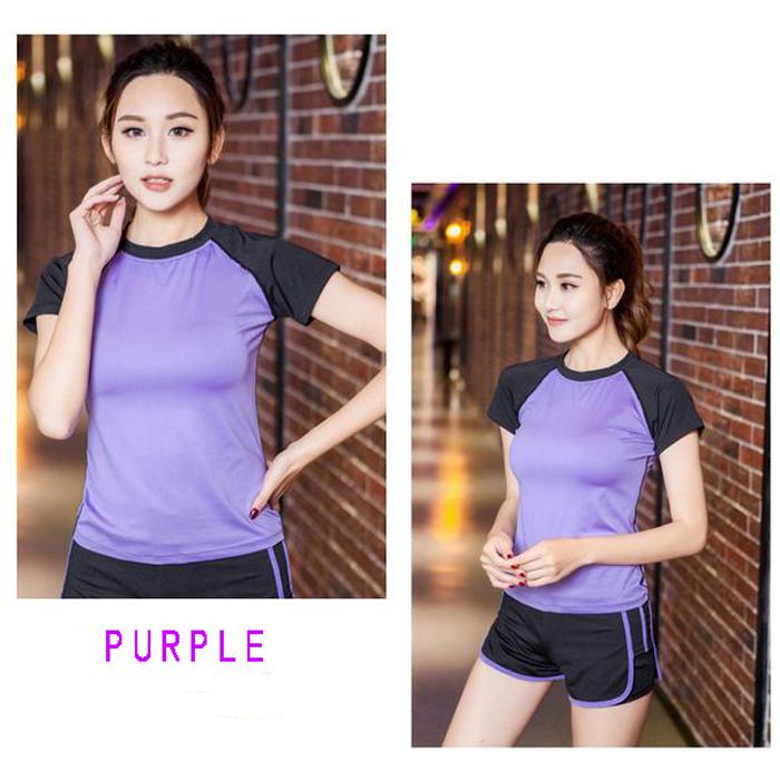 スポーツウェア レディース パープル トレーニング ジム ヨガ 上下 ２点セット スパッツ一体型  半袖 ショートパンツ 速乾 伸縮 |  | 03