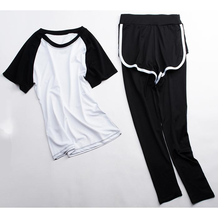 スポーツウェア レディース トレーニング ジム ヨガ 速乾 伸縮 半袖 ロングパンツ 上下 スパッツ一体型 ２点セット 細見え ホワイト |  | 01