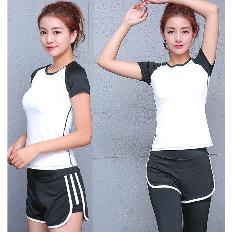 スポーツウェア レディース トレーニング ジム ヨガ 速乾 伸縮 半袖 ロングパンツ 上下 スパッツ一体型 ２点セット 細見え ホワイト |  | 02