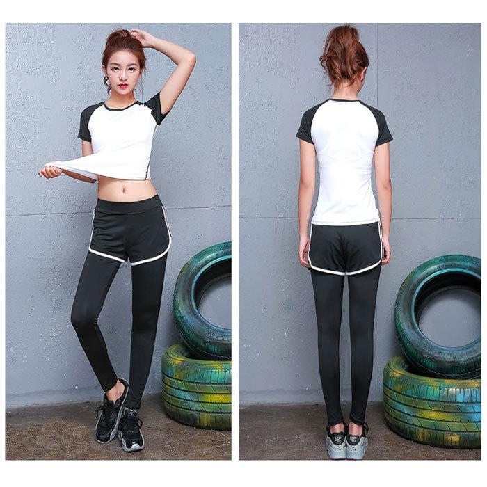 スポーツウェア レディース トレーニング ジム ヨガ 速乾 伸縮 半袖 ロングパンツ 上下 スパッツ一体型 ２点セット 細見え ホワイト |  | 03