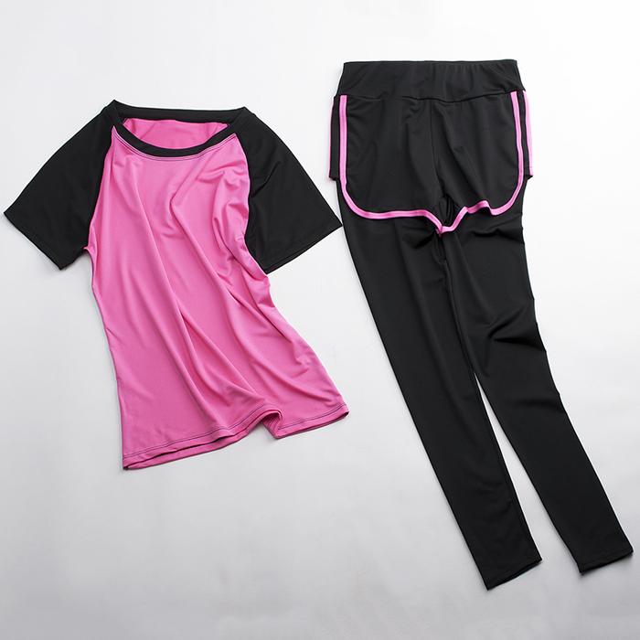 スポーツウェア レディース トレーニング ジム 半袖 ロングパンツ 上下 ２点セット スパッツ一体型 速乾 伸縮 可愛い ビビットピンク |  | 01