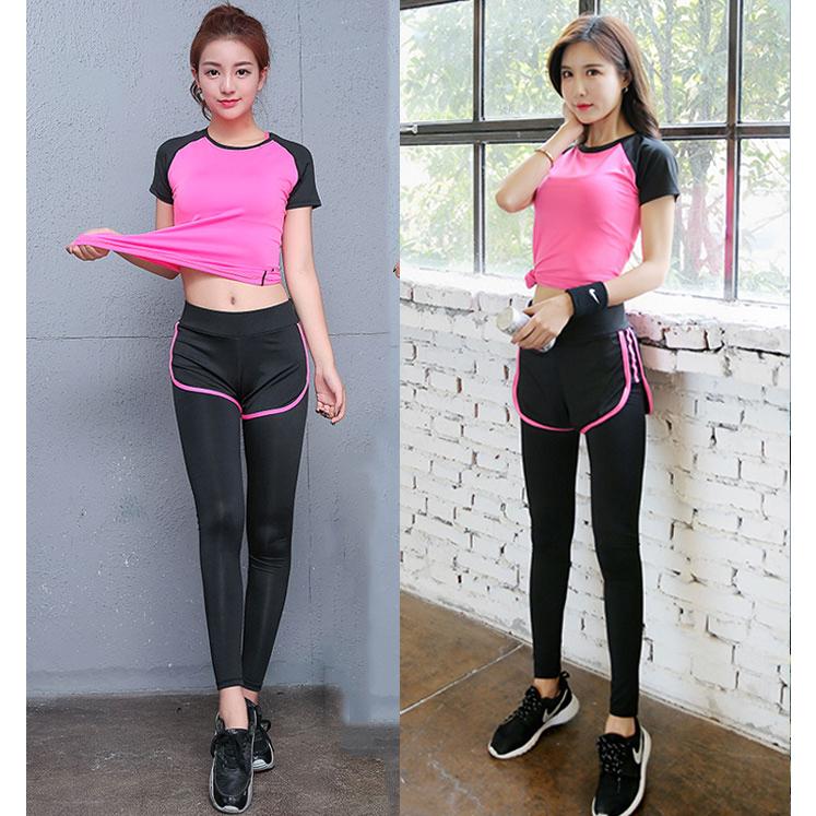 スポーツウェア レディース トレーニング ジム 半袖 ロングパンツ 上下 ２点セット スパッツ一体型 速乾 伸縮 可愛い ビビットピンク |  | 02