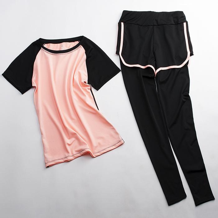 スポーツウェア レディース トレーニング ジム 半袖 ロングパンツ 上下２点セット 速乾 伸縮性 細見え 可愛い ピーチピンク |  | 01
