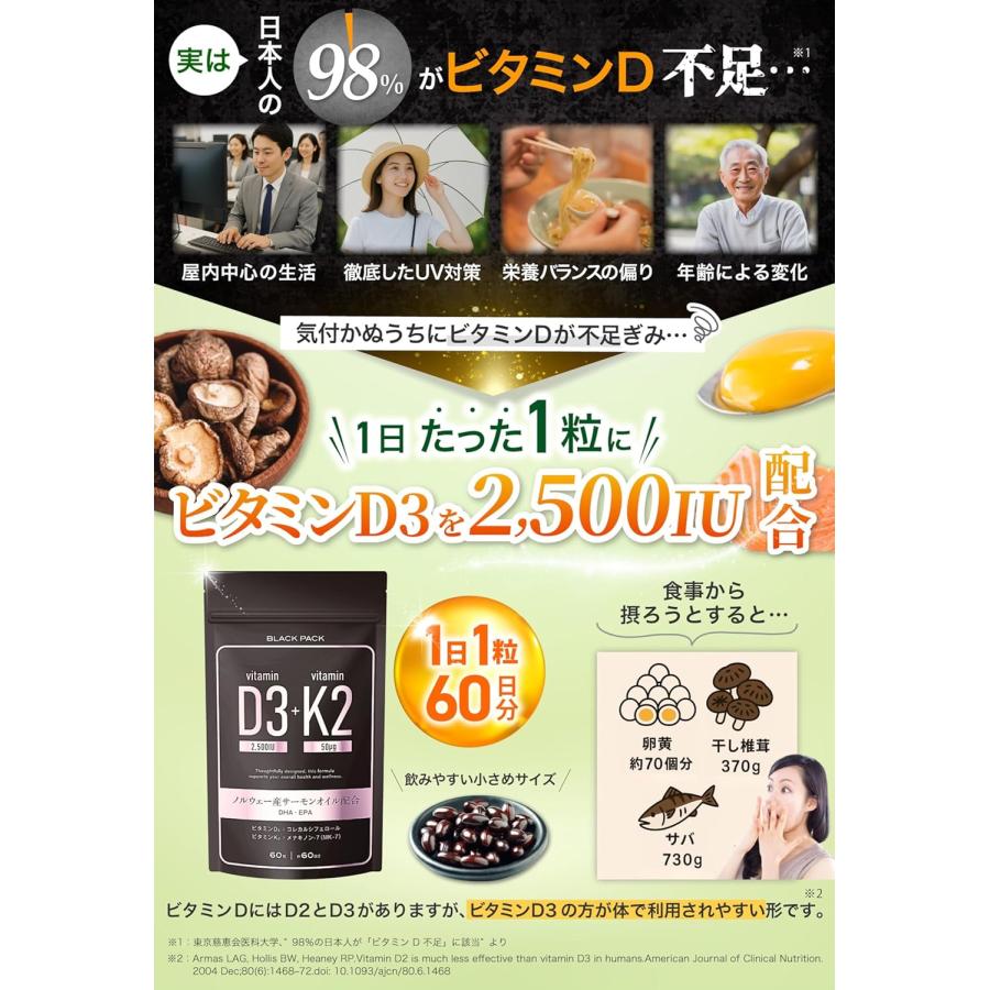 ビタミンD3 K2 サプリメント サプリ ビタミンd ビタミンd3 2500IU K2 DHA EPA オメガ3 飲みやすい小さめサイズ ブラックパック（1袋60粒×2袋セット/120日分） |  | 01