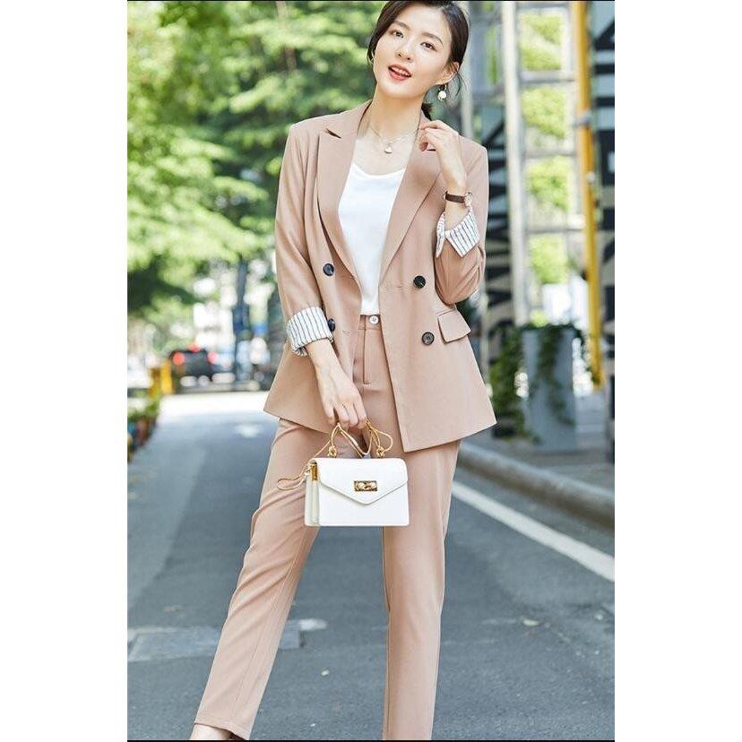 2点セット オフィススーツ セレモニースーツ ファッション韓国セットアップスーツ レディース ストライプ パンツスーツ 春秋冬 フォーマルスーツ 通勤 Ol スーツ パンツスーツ カラー L