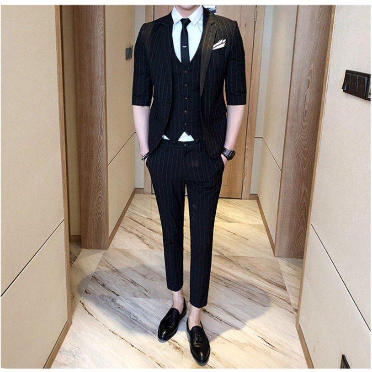 訳あり 3点セット セットアップ カジュアルスーツ 春夏 メンズ スーツ 3点セッ セットアップ カジュアルスーツ 春夏 メンズ スーツ 七分袖 ストライプ シンプル お洒落 二次会 パーティー 結婚式 ビジネス ビジネススーツ Dagl Tg