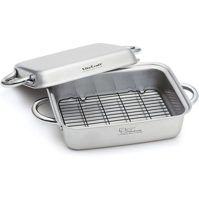 ビタクラフト 両手鍋 IH対応 ダブルグリル レシピ付き 燻製器 蒸し器にも 3900 シルバー 両手鍋 IH対応 ダブルグリル レシピ付き 燻製器 蒸し器にも シルバー サイズ 浅グリル 全長35 深グリル 0cm 内径 横 0× 縦