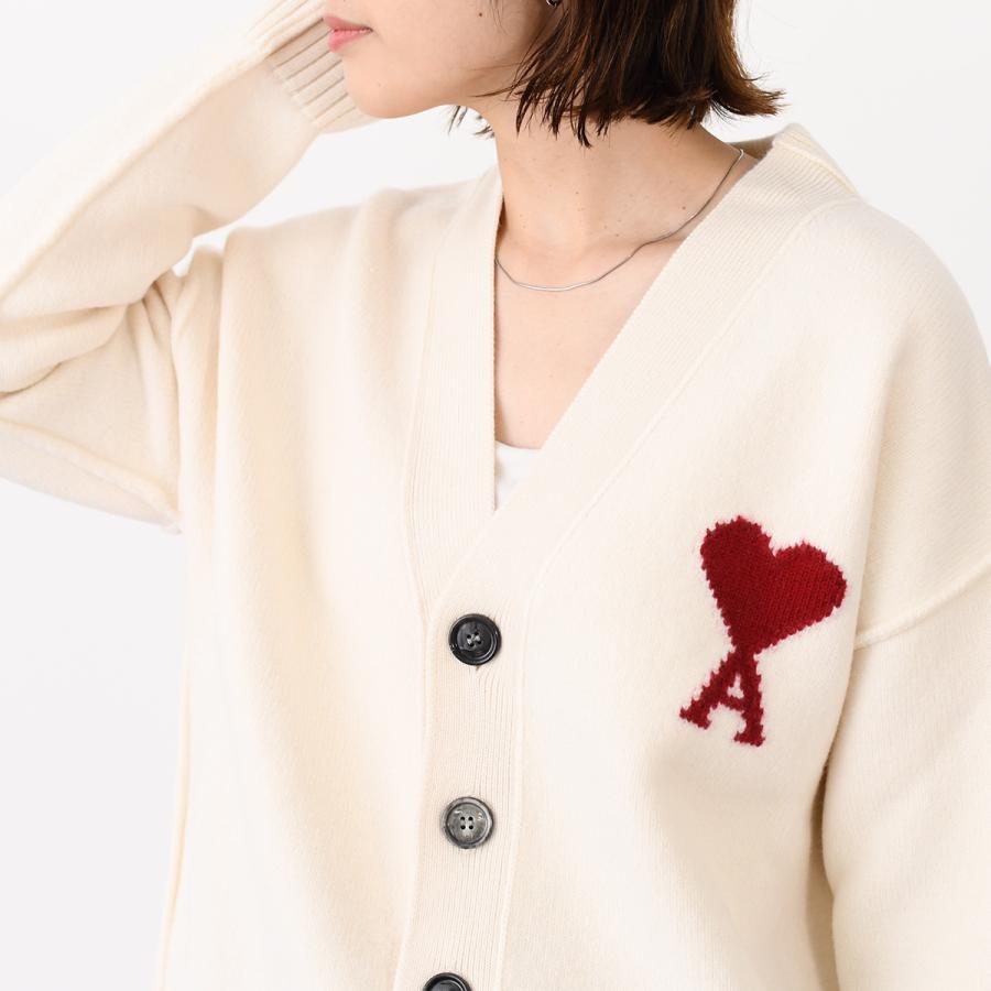 【プロフ必読】AMI DE COEUR カーディガン　メリノウールフェルト OFF WHITE/ RED White Wool Ami De Coeur Cardigan | AMI PARIS