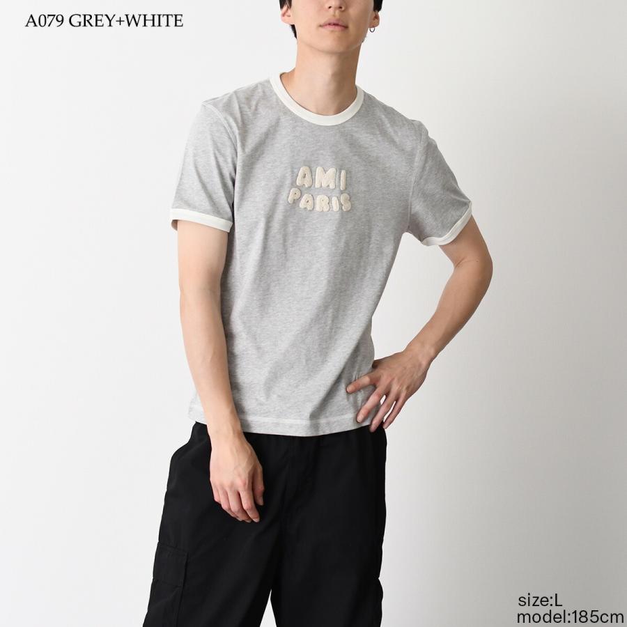 AMI ALEXANDRE MATTIUSSI アミパリス Tシャツ トップス ニットパッチ クラシックフィット UTS371 724 メンズ ユニセックス グレー ホワイト コットン 半袖の画像
