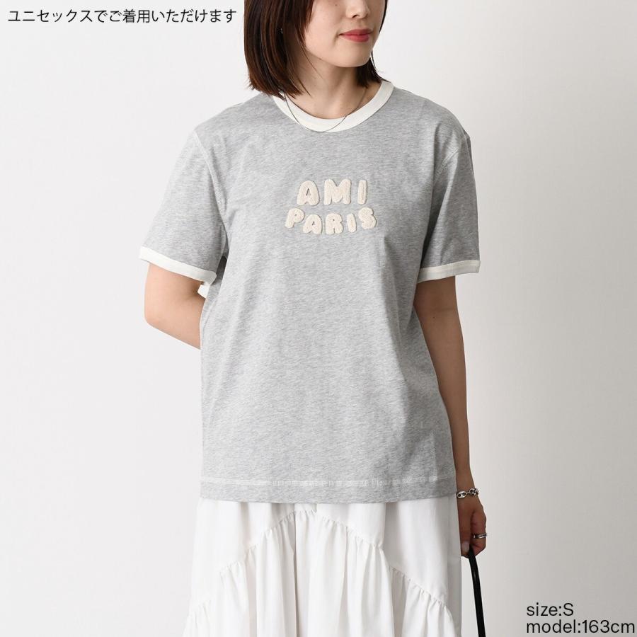 AMI ALEXANDRE MATTIUSSI アミパリス Tシャツ トップス ニットパッチ クラシックフィット UTS371 724 メンズ ユニセックス グレー ホワイト コットン 半袖の画像