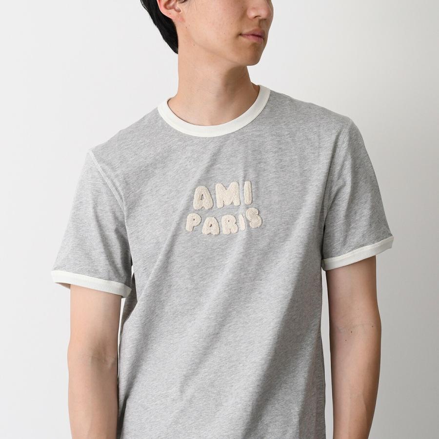 AMI ALEXANDRE MATTIUSSI アミパリス Tシャツ トップス ニットパッチ クラシックフィット UTS371 724 メンズ ユニセックス グレー ホワイト コットン 半袖の画像
