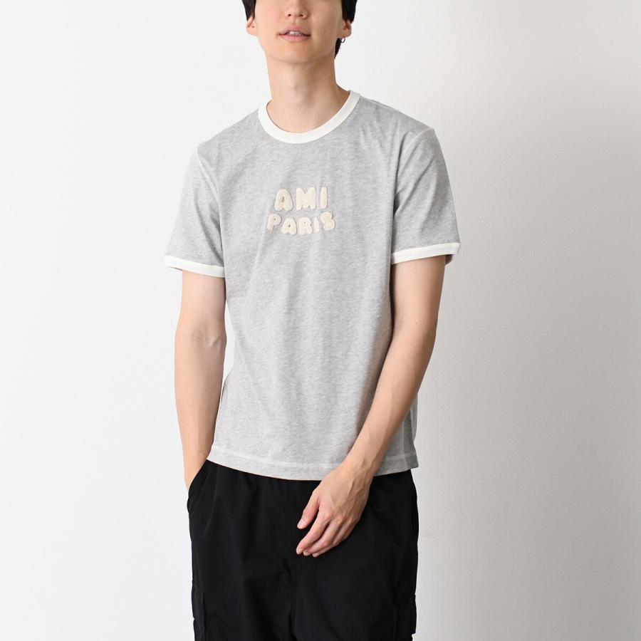 AMI ALEXANDRE MATTIUSSI アミパリス Tシャツ トップス ニットパッチ クラシックフィット UTS371 724 メンズ ユニセックス グレー ホワイト コットン 半袖の画像