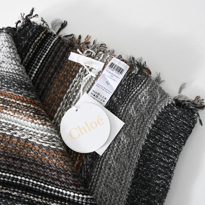 【上品・刺繍ロゴ】Chloe クロエ マルチカラー ストール グレー系　チェック マフラー ストール ロゴ刺繍 ピンク グレー 0624（2024/07/02買取