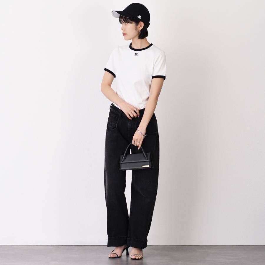 Courreges クレージュ　ベロアTシャツ 黒 courreges (クレージュ) コットン シグネチャーコントラスト クルー