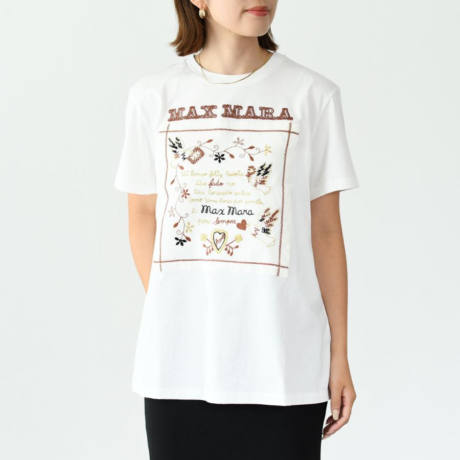 Max Mara マックスマーラ トップス TSHIRT ピュア コットン ジャージー Tシャツ レディース 005 ホワイト ブルー レッド 刺繍  メッセージ ロゴ 人気