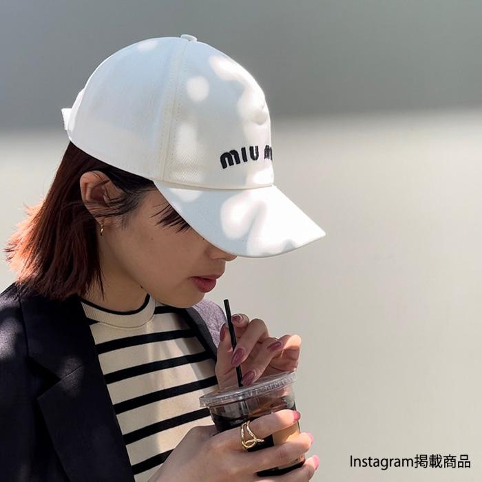 MIU MIU ミュウミュウ キャップ 帽子 ドリル ベースボール CAP 5HC179 2DXI レディース ホワイト ブラック 黒 刺しゅう ロゴ コットン miumiu コットン キャップ ブラック