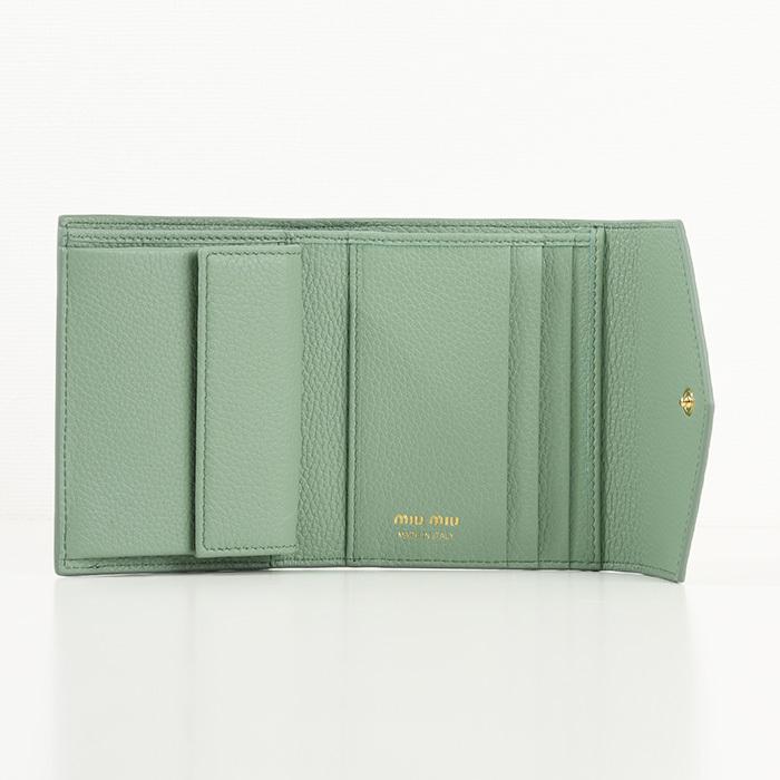 miu miu 三つ折りミニ財布 ダークグリーン ミュウ Miu ロゴ 三つ折り 財布 リボン L字ファスナー 三つ折り