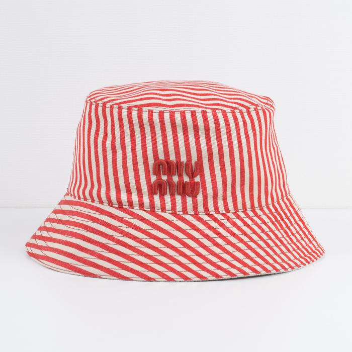 miu MIU ミュウミュウ 帽子 ストライプリネンブレンド バケット
