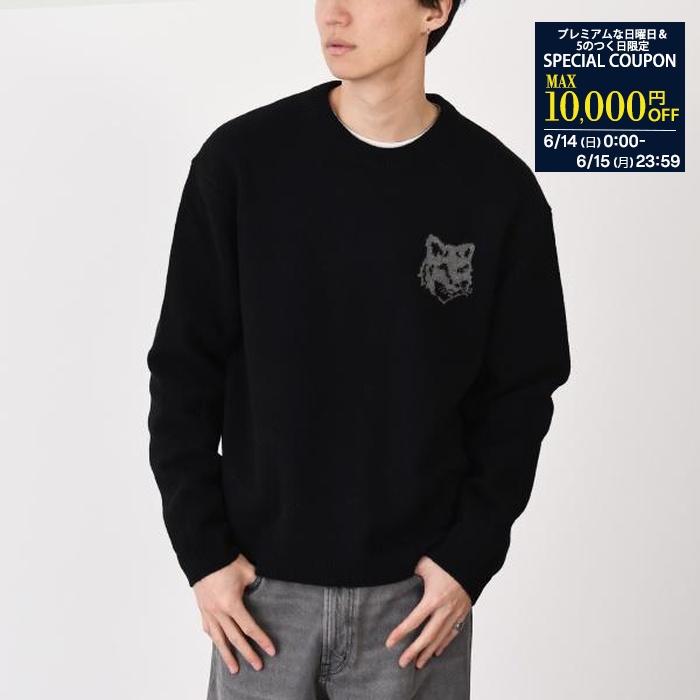 MAISON KITSUNE メゾン キツネ セーター フォックスヘッド インターシャ メリノ ジャンパー PM00816KM0329 メンズ ブラック ウール ニット クルーネック 秋 冬