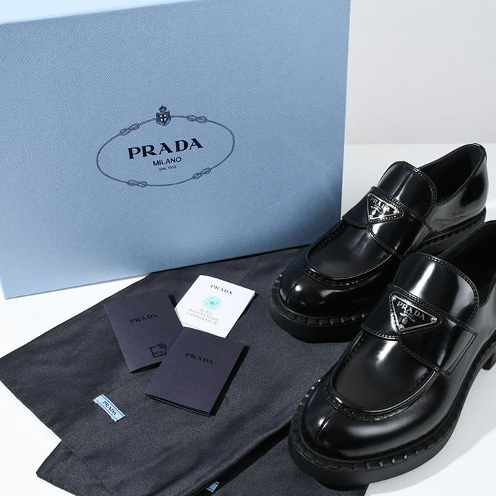 大人気✨プラダ チョコレート ブラッシュドレザー ローファー 三角ロゴ 厚底 Prada 直営店 チョコレート ブラッシュドレザー ローファー