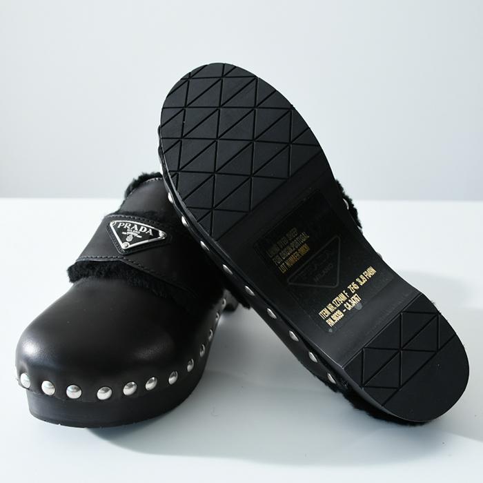 半額SALE PRADA プラダ 靴 シューズ スムースレザー シアリングクロッグ 1Z794M 3LJ9 ファー スタッズ レディース BLACK カーフレザー AW20