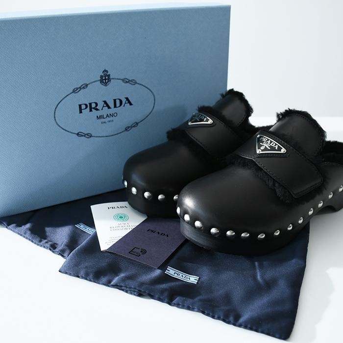 半額SALE PRADA プラダ 靴 シューズ スムースレザー シアリングクロッグ 1Z794M 3LJ9 ファー スタッズ レディース BLACK カーフレザー AW20