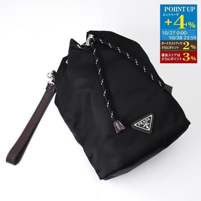 10/15新入荷 PRADA プラダ ポーチ 巾着バッグ スピードロック リナイロン Re-Nylon xレザー 2NE067 2HE1 レディース ブラック 黒 リサイクルポリアミド