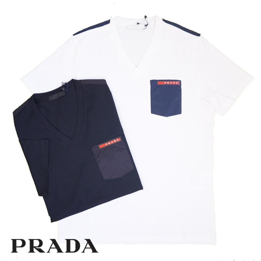プラダ Prada メンズ Tシャツ Vネック コットン Sim994 Nero ブラック 黒 Bianco Blu ホワイト 白 トップス Supersport Tn
