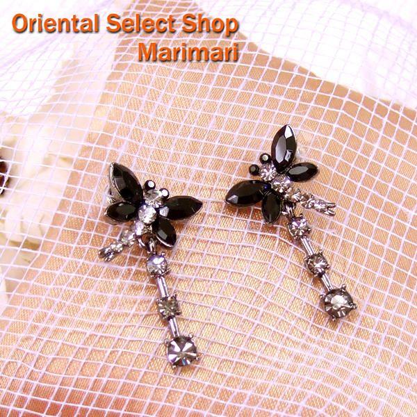 送料ミルクティカラーミラーストーントンボとお花Ｙ字型ラインストーンネックレス＆ピアスセット