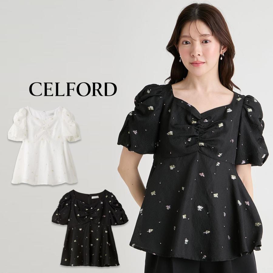 洗える！セルフォード　小花柄ボウタイブラウス　ブラック　通勤　セレモニー　36 セルフォード CELFORD 【洗える】襟付きメッシュブラウス （WHT