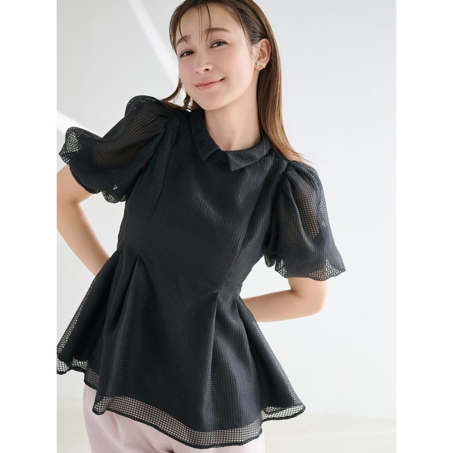 美品✨セルフォード 24年モデル ブラウス ペプラム フリル 襟付 ブラック38 CELFORD（セルフォード） 洗える 襟付きメッシュブラウス cwfb261101