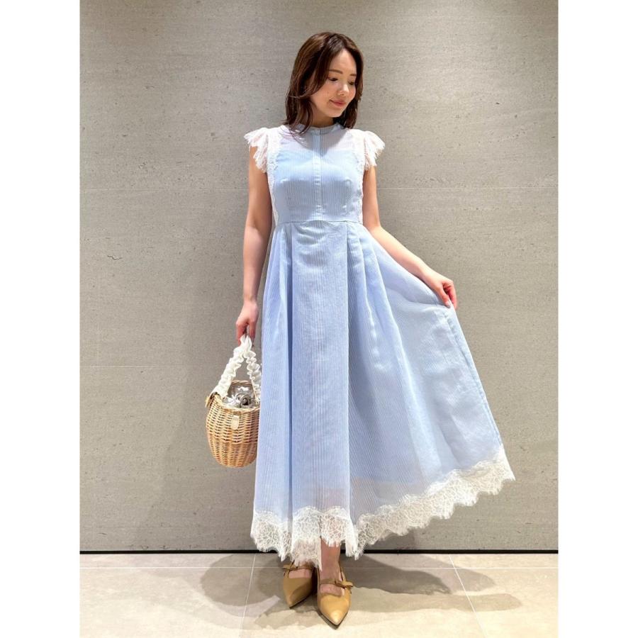 美品♡セルフォード リーフレースワンピース ロングドレス ブルー 38 M CELFORD（セルフォード） (予約) ストライプレーストリムワンピース