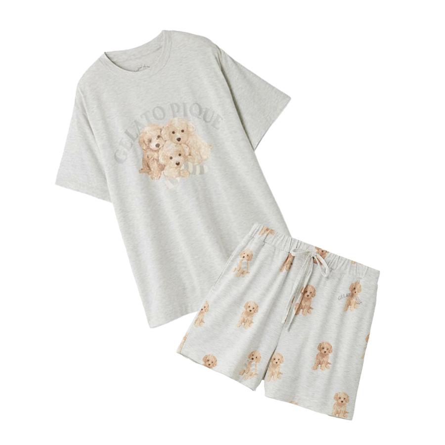 ジェラートピケ トイプードルワンポイントTシャツ ロングパンツセット グレー ジェラートピケ トイプードルワンポイントTシャツ ロングパンツ