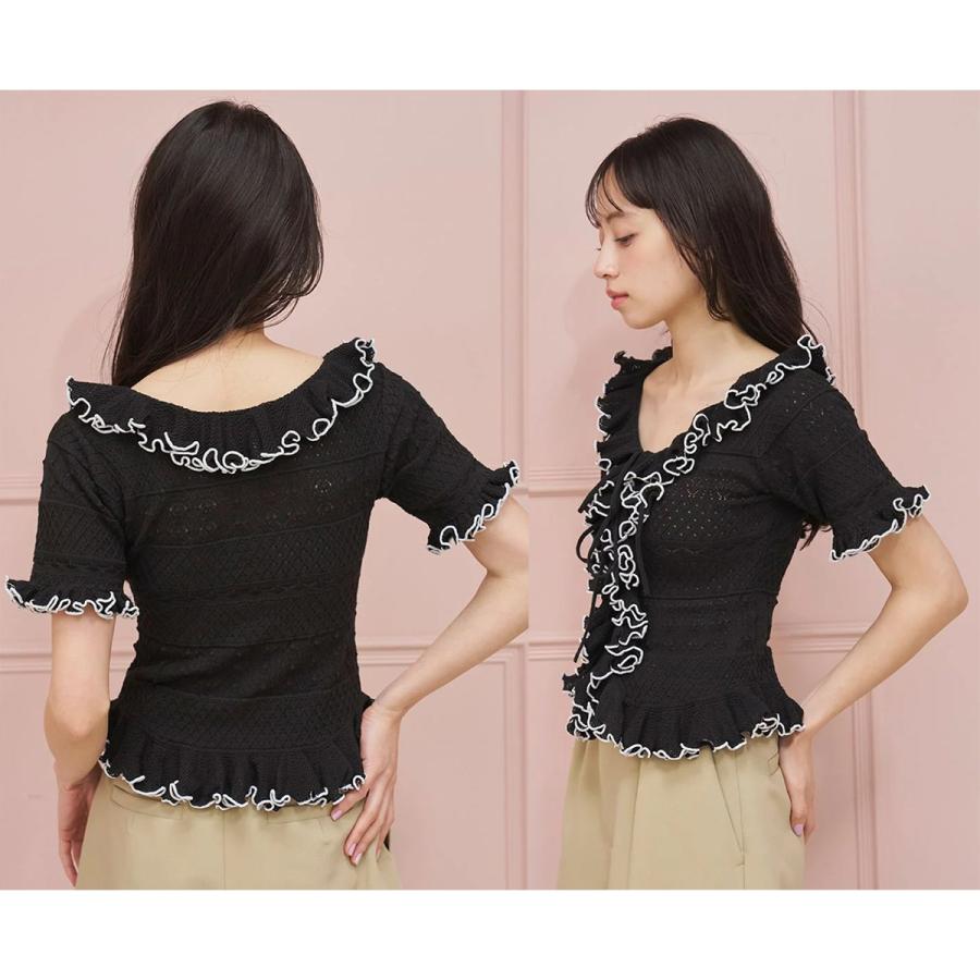 【SNIDEL】オフショルダー フリル 半袖 トップス ブラック 花柄 SNIDEL（スナイデル） SALE40%OFF クロシェライクフリルニットプル
