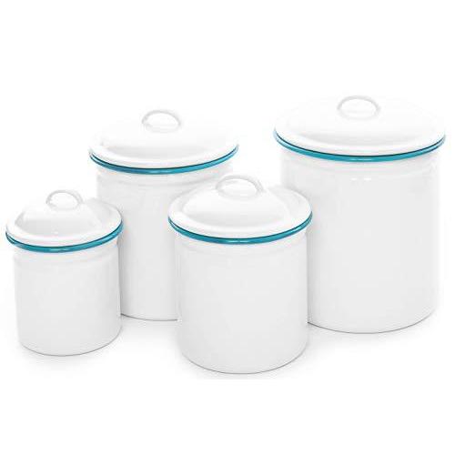 Enamelware 4?Piece Canisterセット???ソリッドホワイトwithターコイズリム