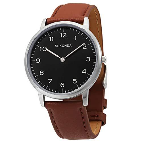 Sekonda 1348.28 メンズブラックダイヤル ブラウンPUバックルストラップウォッチ