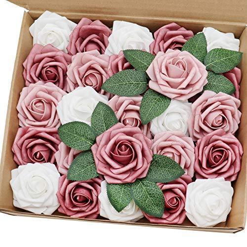 J-Rijzen 造花 25個 本物のように見えるミックスカラー ホワイト&モーブグロー & シャビーブラッシュフェイクローズ 茎付き DIYウェデ