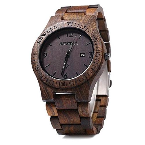 Bewell 木製腕時計 W086B 軽量 アナログクォーツ ハンドメイド 木製腕時計 黒檀。