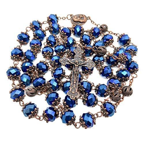 Nazareth Store ディープブルークリスタルビーズ ロザリオネックレス 聖なる土メダル&十字架 クリスチャン ハンドメイド 宗 並行輸入