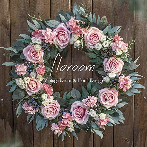 フローラルリース ドアリース 20インチ 人工ブラッシュローズ アジサイリース フロントドア用 フロントドア装飾 壁装飾