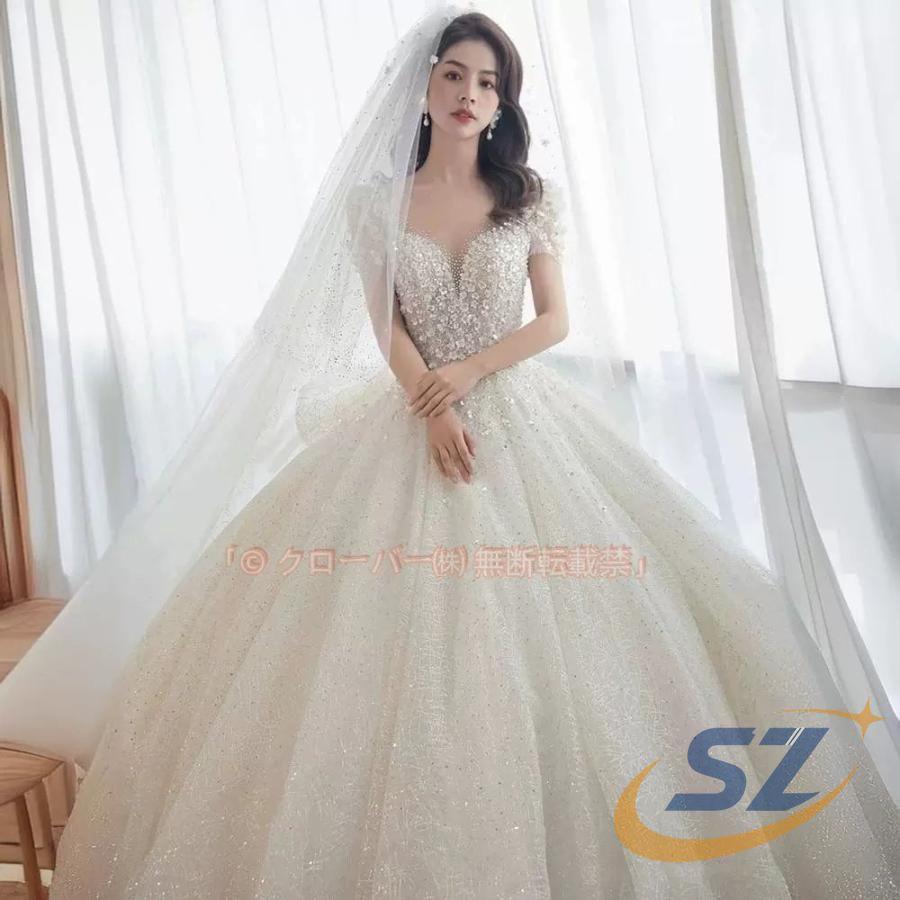 ウェディングドレス ウエディングドレス 二次会 結婚式 前撮り ブライダル ロングドレス 花嫁 プリンセスドレス プリンセスラインドレス 半袖 キラキラ 華やか