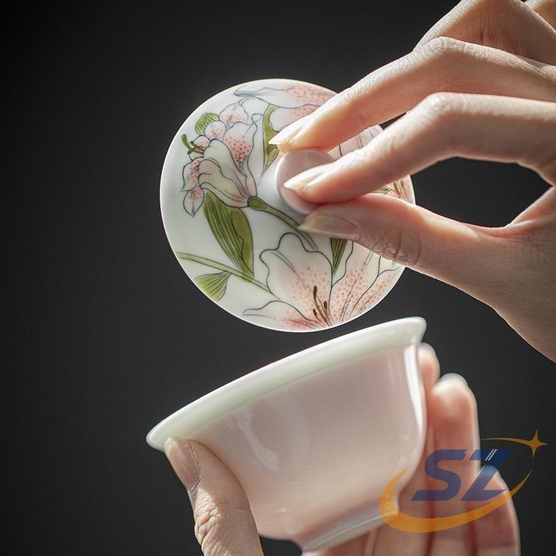 手描き茶器 中国徳化県産 ユリ 百合 蓋碗 陶磁器 茶道具 中国茶器 台湾