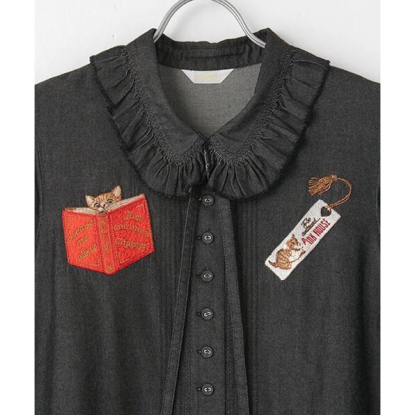 ピンクハウス 書斎の猫たち刺繍入りデニムワンピース