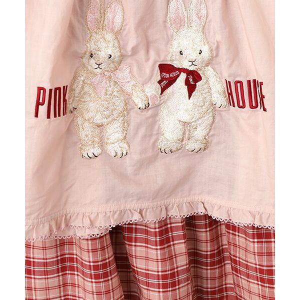 ❣️ピンクハウスバラ園うさぎ刺繍入エプロン付きオリジナルチェックチュニックブラウス PINK HOUSE / ピンクハウス バラ園うさぎ刺繍入りエプロン付き