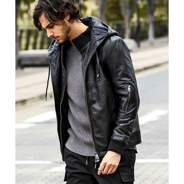 美品✨エディション　レザーフードジャケット　ブルゾン　羊皮　黒　ライダース エディション レザーフードジャケット ブルゾン 羊皮 黒 ライダース