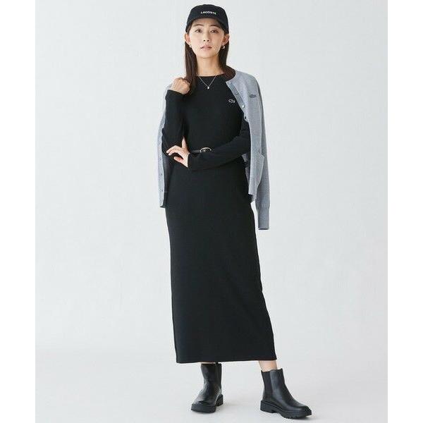 LACOSTE ラコステ コットンリブニットドレス リブワンピース 黒 M LACOSTE（ラコステ） コットンリブニットドレス / ニットワンピース
