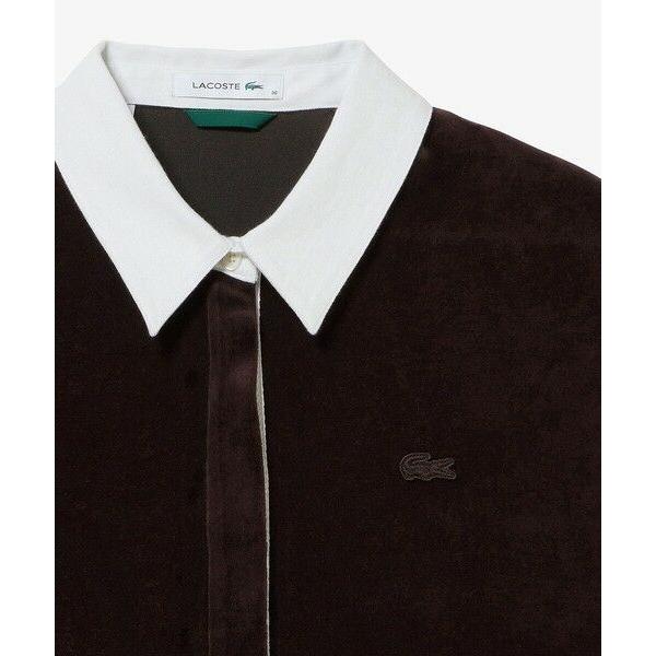 【ダークブラウン】ルーズシルエット サイドスリット ベロアポロシャツ LACOSTE（ラコステ） ルーズシルエット サイドスリット ベロア