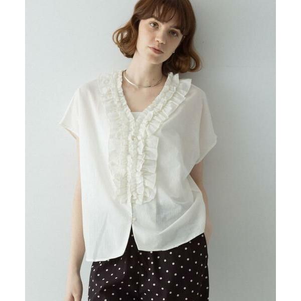 アーバンリサーチサニーレーベル　Vネックフリルカラーブラウス 半袖 ブラック URBAN RESEARCH Sonny Label Sonny Label / サニーレーベル Vネック