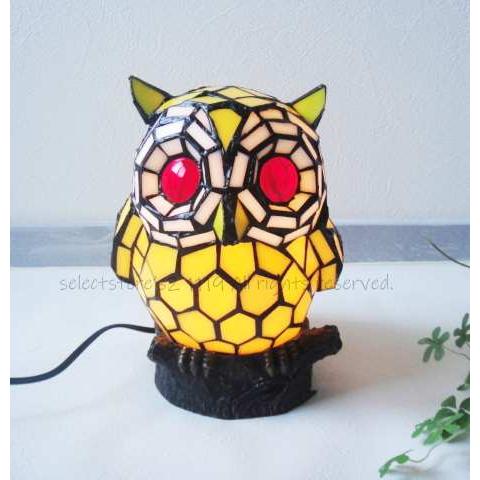 ★福を呼ぶ！ふくろうのステンドグラスランプイエロー★玄関リビングに♪フクロウオブジェ置物　テーブルランプフロアランプ卓上照明雑貨通販【RCP】 | 