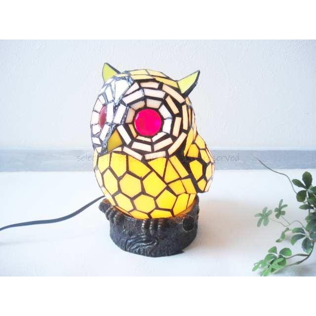 ★福を呼ぶ！ふくろうのステンドグラスランプイエロー★玄関リビングに♪フクロウオブジェ置物　テーブルランプフロアランプ卓上照明雑貨通販【RCP】 |  | 01